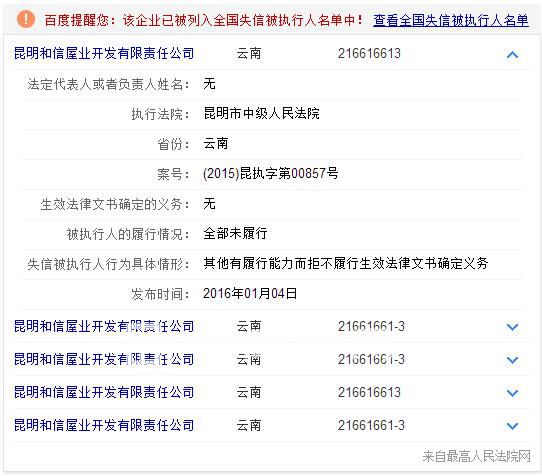 開發商和信屋業被列入全國失信被執行人名單 開發商和信屋業被列入全國失信被執行人名單