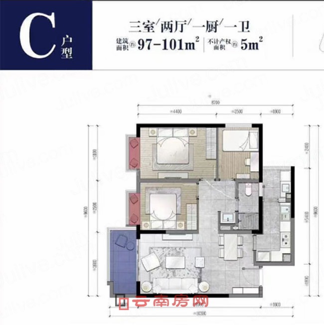 約97平米三室兩廳一廚一衛的戶型,在各棟均有分布,為端頭小戶型 約97平米三室兩廳一廚一衛的戶型,在各棟均有分布,為端頭小戶型