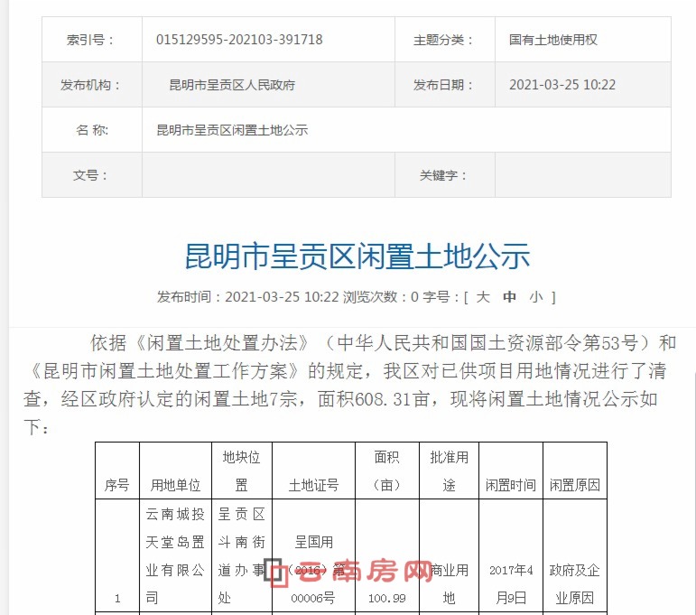 呈貢政府將天堂島608畝土地認定為閑置土地 呈貢政府將天堂島608畝土地認定為閑置土地