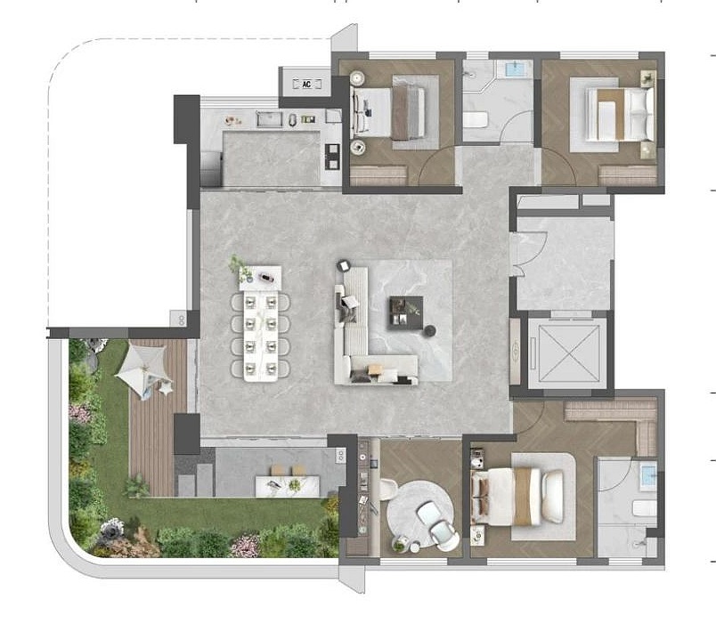 127平米戶型實得面積雖然有170平米,但客餐廳加露臺就有近90平米,占比超一半 127平米戶型實得面積雖然有170平米,但客餐廳加露臺就有近90平米,占比超一半
